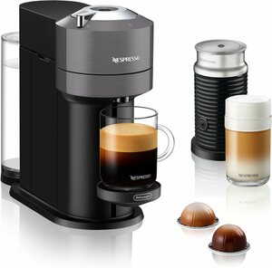 Nespresso Kapselmaschine Vertuo Next Bundle ENV 120.GYAE von DeLonghi, Dark Grey, inkl. Aeroccino Milchaufschäumer, Willkommenspaket mit 12 Kapseln