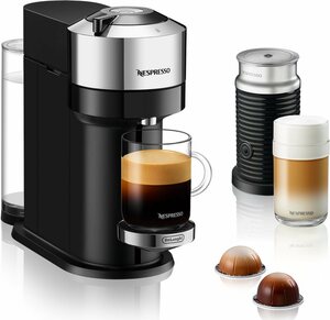 Nespresso Kapselmaschine Vertuo Next Bundle ENV 120.CAE von DeLonghi, Pure Chrome, inkl. Aeroccino Milchaufschäumer, Willkommenspaket mit 12 Kapseln