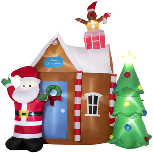 Outsunny 210 cm Weihnachtsdeko Aufblasbar Lebkuchenhaus mit Weihnachtsmann Weinachtsbaum Wasserdicht