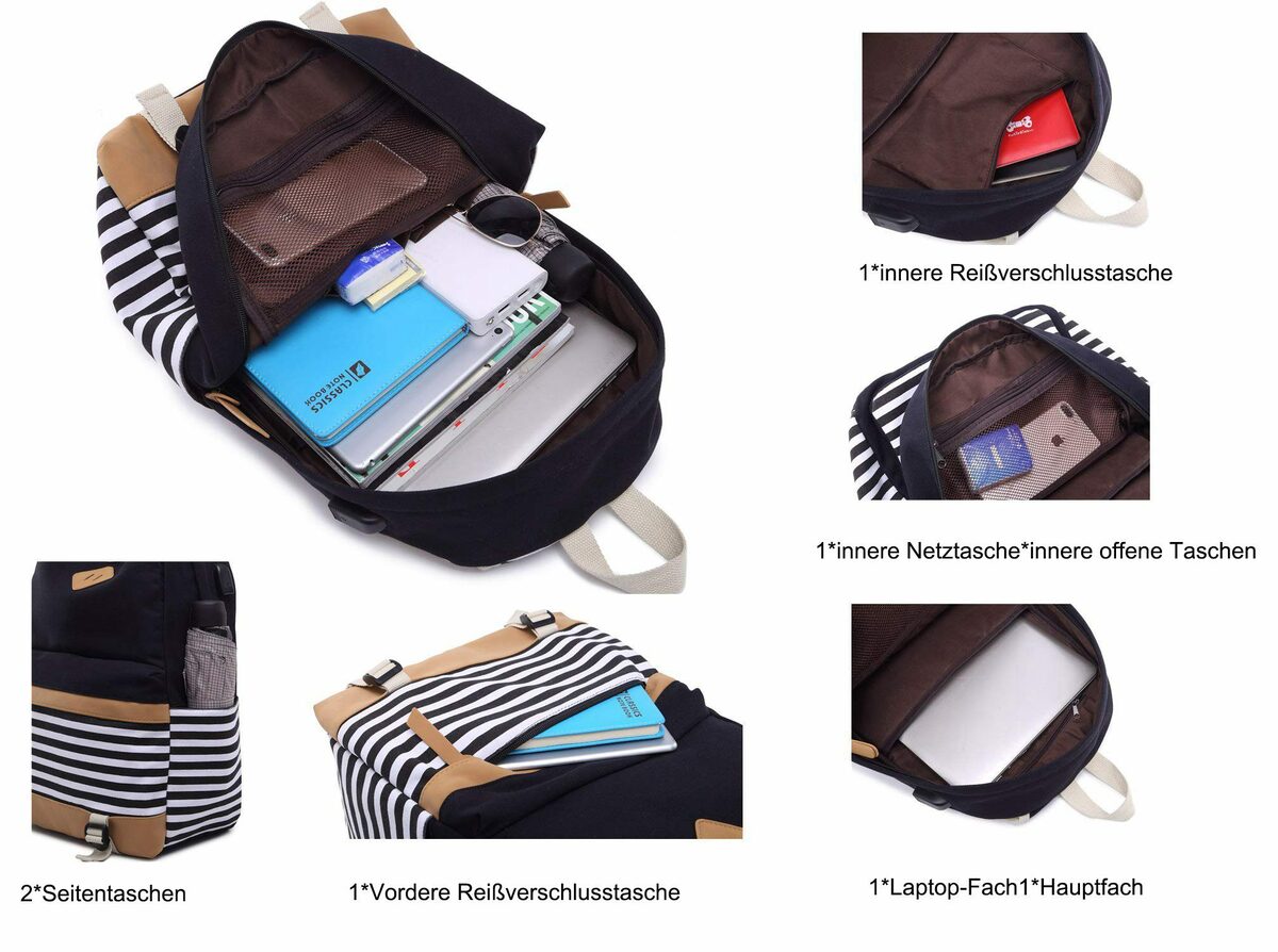 Bild 2 von Housruse Schulrucksack »Schulrucksack Mädchen Teenager Streifen Schultasche Segeltuch Rucksack mit 15.6 Zoll Laptopfach mit USB Ladeanschluss und Geldbeutel Tasche 2 Stück Schwarz«
