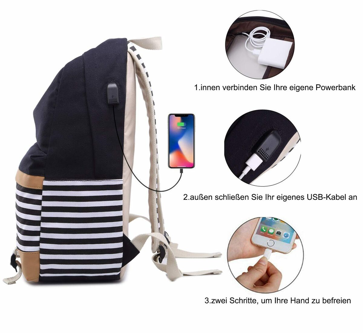 Bild 3 von Housruse Schulrucksack »Schulrucksack Mädchen Teenager Streifen Schultasche Segeltuch Rucksack mit 15.6 Zoll Laptopfach mit USB Ladeanschluss und Geldbeutel Tasche 2 Stück Schwarz«