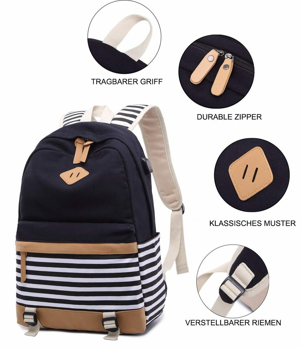 Bild 4 von Housruse Schulrucksack »Schulrucksack Mädchen Teenager Streifen Schultasche Segeltuch Rucksack mit 15.6 Zoll Laptopfach mit USB Ladeanschluss und Geldbeutel Tasche 2 Stück Schwarz«