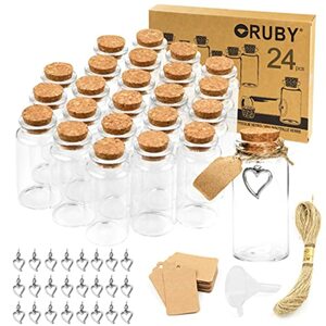 RUBY 24pcs 25ml Mini Glasflaschen mit Korken - 30 x 60mm Reagenzglas mit Korken, Kleine Glasflaschen mit Korken, Kleine Flaschen, Glasfläschchen Kit - Herzanhänger, Karten, Trichter, Seil