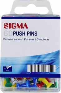 SIGMA Pinnwandnadeln, Kunststoff, Metall, Farbig sortiert, 60 Stück