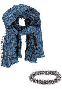 leslii Strickschal, Set bestehend Schal mit Kachel-Muster in Blau Schwarz mit perfekt passendem Kristallarmband in Silber Grau