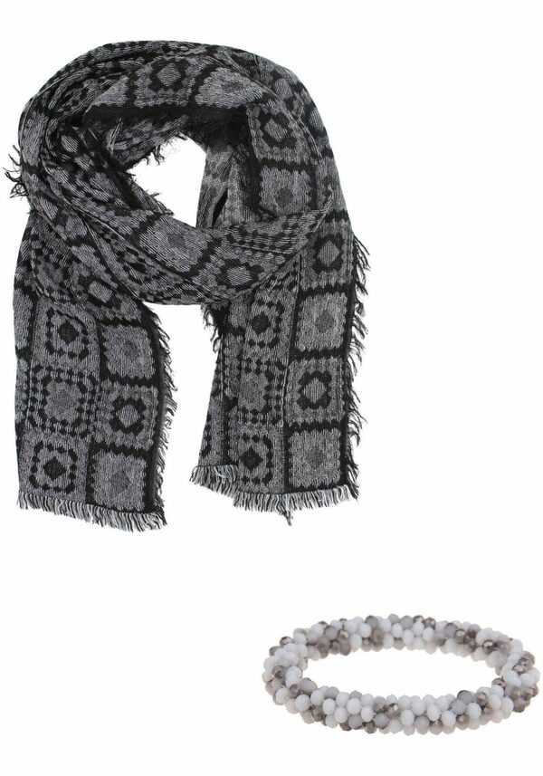 Bild 1 von leslii Strickschal, Set bestehend Schal mit Kachel-Muster in Grau Schwarz mit perfekt passendem Kristallarmband in Grau Weiß