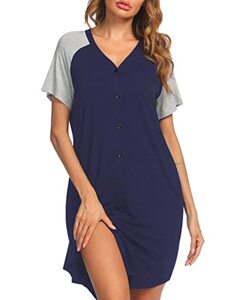 ADOME Nachthemd Damen Kurzarm Schlafshirt Nachtkleid Stillnachthemd Schwangerschaft umstandsnachthemd Nachtwäsche Kurz Umstandsmode mit Durchgehender Knopfleiste geburtshemd für Schwangere Blau S