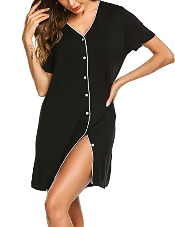 Bild 1 von ADOME Damen Nachthemd Kurzarm Schlafshirt V-Neck Knopfleiste Nachtwäsche Frauen Loose fit Lange Nachtkleid Schwarz S
