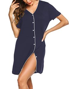 ADOME Damen Nachthemd Kurz Schlafkleid Stillen Nachtwäsche Schwangere Pyjama Knopfleiste Schlafanzug Geburt Stillnachthemd Umstandsmode Frauen Sommer Navy Blau L