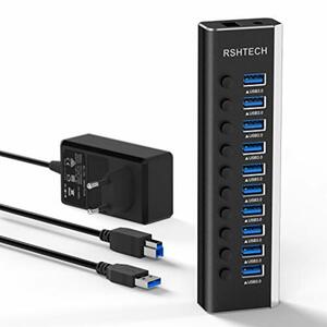 RSHTECH USB Hub Aktiv 3.0 mit 36W (12V / 3A) Netzteil, Aluminium 10 Ports USB 3.0 Hub zum Laden und zur Datenübertragung, USB 3.0 Mehrfach Ports Verteiler mit EIN/Aus-Schalter und Netzteil (RSH-A10)