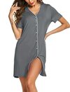 Bild 1 von ADOME Damen Nachthemd Kurz Nachtwäsche Nachtkleid Kurzarm V-Ausschnitt Lässige Schlafhemd Sleepshirt Schlafanzug Grau S