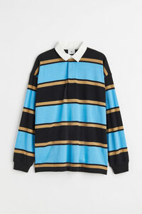 H&M Baumwoll-Rugbyshirt Oversized Fit Blau/Beige gestreift, Sweatshirts in Größe XXL. Farbe: Blue/beige striped
