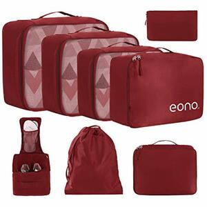 Amazon Brand - Eono 8 Teilige Kleidertaschen, Packing Cubes, Verpackungswürfel, Packtaschen Set für Urlaub und Reisen, Kofferorganizer Reise Würfel, Ordnungssystem für Koffer, Packwürfel - Weinr