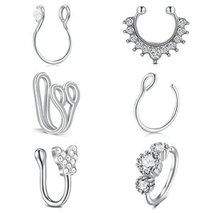 VF VFUN 6 PCS Fake Nose Rings Stainless Steel Fake Septum Rings Clip On Nose Hoop Rings Nose Cuff Non Piercing Faux Piercing Jewelry for Women Men-Silver