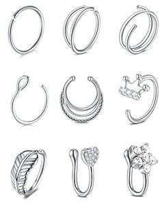 VF VFUN Nose Rings Stainless Steel Nose Septum Piercing Nose Hoop jewellery Women Nose Cuff Helix Cartilage Earrings Nostril Piercing 9PCS Silver