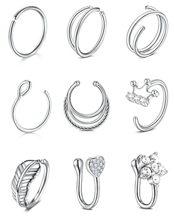 Bild 1 von VF VFUN Nose Rings Stainless Steel Nose Septum Piercing Nose Hoop jewellery Women Nose Cuff Helix Cartilage Earrings Nostril Piercing 9PCS Silver