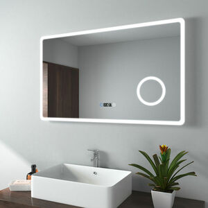 Badspiegel mit Beleuchtung, Wandspiegel 100x60 cm mit Touch, Uhr, 3-fach Lupe, 3 Lichtfarbe (Modell M) - 100x60cm | Touch+Uhr+Lupe+Dimmbar - Emke