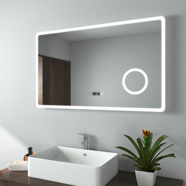 Bild 1 von Badspiegel mit Beleuchtung, Wandspiegel 100x60 cm mit Touch, Uhr, 3-fach Lupe, 3 Lichtfarbe (Modell M) - 100x60cm | Touch+Uhr+Lupe+Dimmbar - Emke