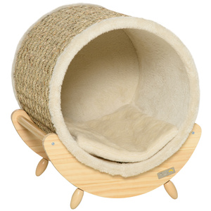 PawHut Katzenhöhle Katzenbett mit Kratzunterlage aus Kiefernholz Flanell Khaki+Natur+Beige