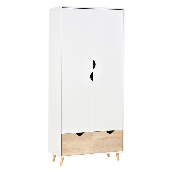 Bild 1 von HOMCOM Kleiderschrank Garderobe Schrank mit Stange Schublade für Wohnzimmer Schlafzimmer Weiß+Natur