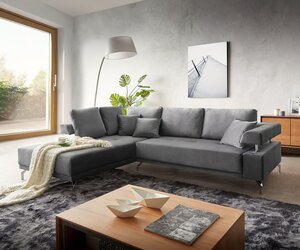 Sofa Bria Samt Grau 270x220 cm Ottomane links inkl. elektrischer Sitztiefenverstellung