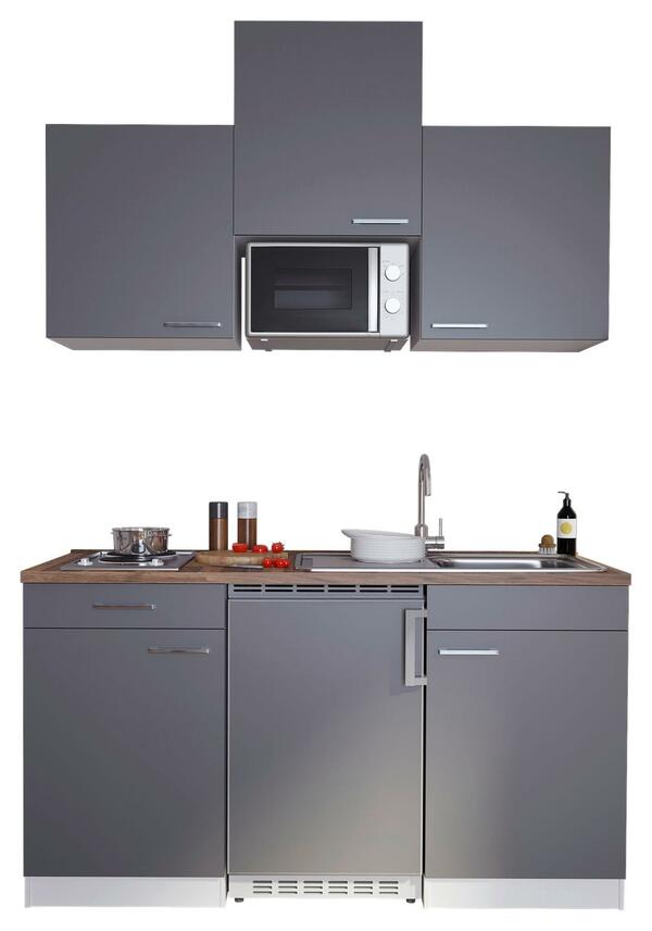 Bild 1 von Miniküche Economy m. Geräten 150 cm Grau/ Nussbaum Dekor