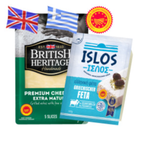 British Heritage Premium Cheddar, Islos Griechischer Feta, Ziegenkäse