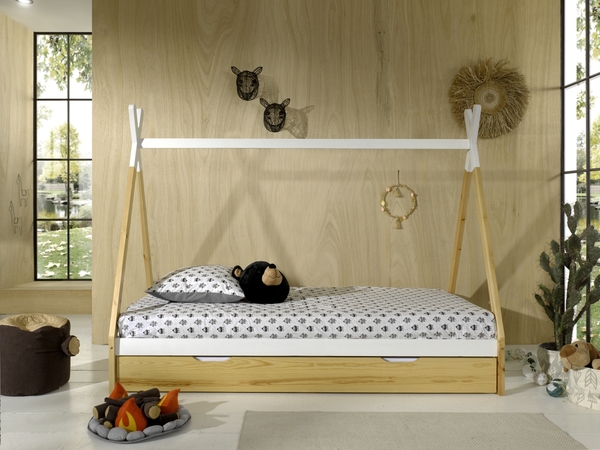 Bild 1 von VIPACK - Tipi Zelt Bett Liegefläche 90 x 200 cm, inkl. Rolllattenrost und Bettschublade (Natur), Aus