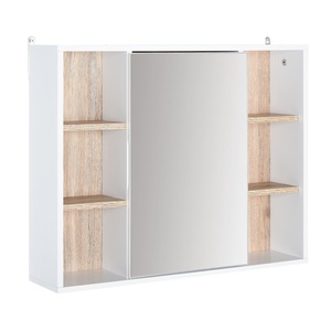 HOMCOM Spiegelschrank mit 6 Regalfächern weiß, natur 60 x 14,5 x 49,4 cm (BxTxH)   Badschrank Hängeschrank Wandschrank Badspiegel