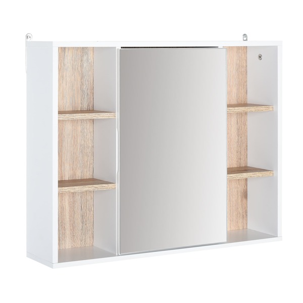 Bild 1 von HOMCOM Spiegelschrank mit 6 Regalfächern weiß, natur 60 x 14,5 x 49,4 cm (BxTxH)   Badschrank Hängeschrank Wandschrank Badspiegel