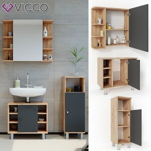 VICCO Badmöbel Set FYNN Eiche Anthrazit Spiegelschrank Unterschrank Badschrank