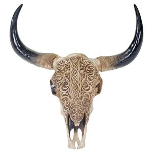 Deko Skull 45cm, Polyresin Stier Bulle Longhorn Kopf Trophäe mit Tribal, In-/Outdoor