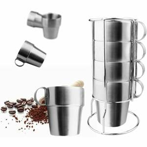 Lifcausal - 4er-Pack Kaffeetassen aus Edelstahl, doppellagige, isolierte Kaffeetassen mit Ständer (Silber)