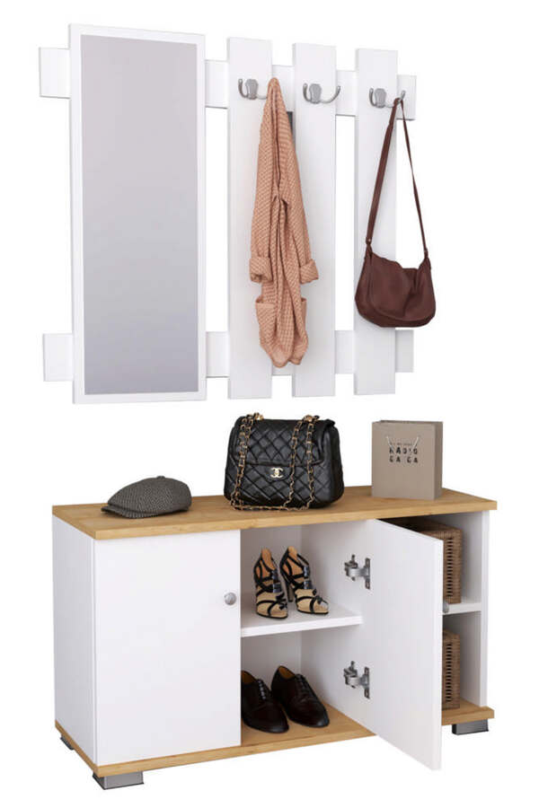 Bild 1 von VCM 2-tlg. Holz Sitzbank Schuhschrank Schuhregal Garderobe Dielenmöbel Gados XL Weiß / Honig-Eiche