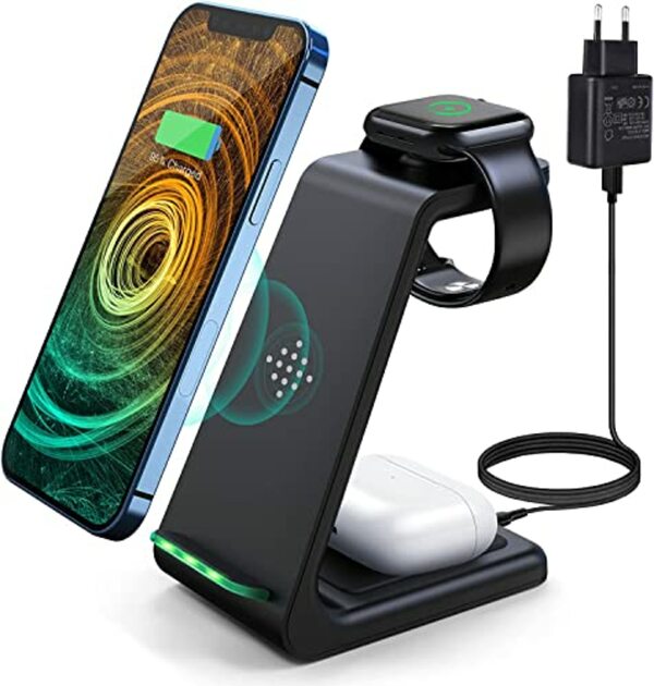 Bild 1 von Wireless Charger 3 in 1 Inductive Charging Station Wireless Charger with Adapter, Compatible with iPhone 14/13/12/11 Pro Max/XS/XR/X/8/8 Plus, iWatch 5/4/3/2/1, AirPods Pro, Samsung S10 S9 S8. Huawei