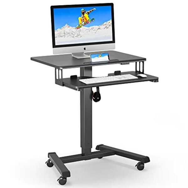Bild 1 von BONTEC Mobiler Schreibtisch mit 4 Rollen, Stehpult Höhenverstellbar 65×45cm Mobile Workstation, Laptoptisch mit Tastaturablage, Stehtisch für Wohnzimmer, Schlafzimmer