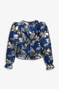 Monki Jacquard-Bluse mit Puffärmeln und Blumenmuster Blaue & silberne Blumen, Blusen in Größe XXL. Farbe: Blue silver flowers