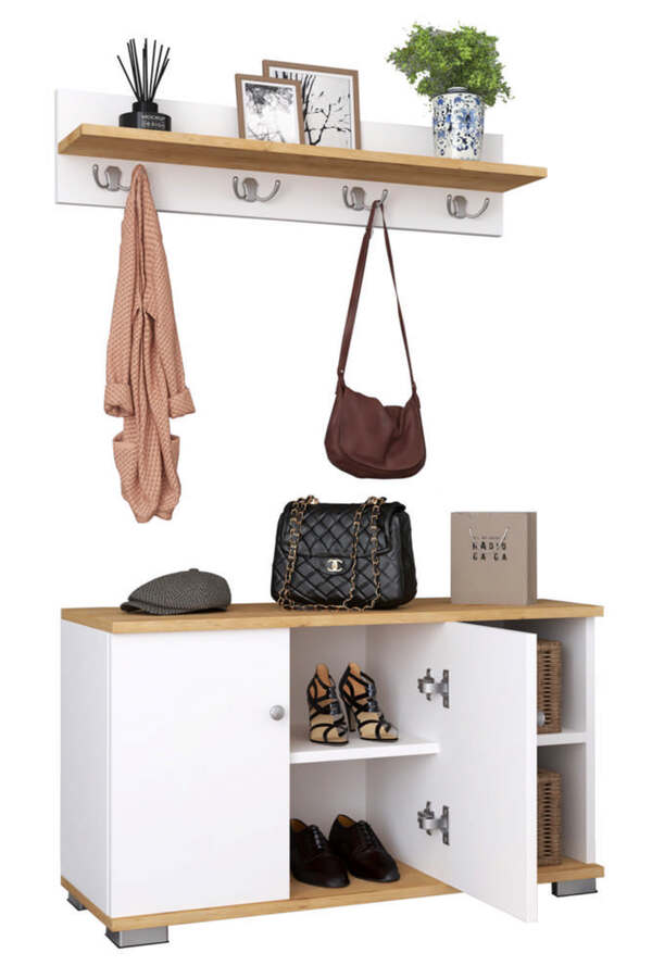 Bild 1 von VCM 2-tlg. Holz Sitzbank Schuhschrank Schuhregal Garderobe Dielenmöbel Gados L Weiß / Honig-Eiche