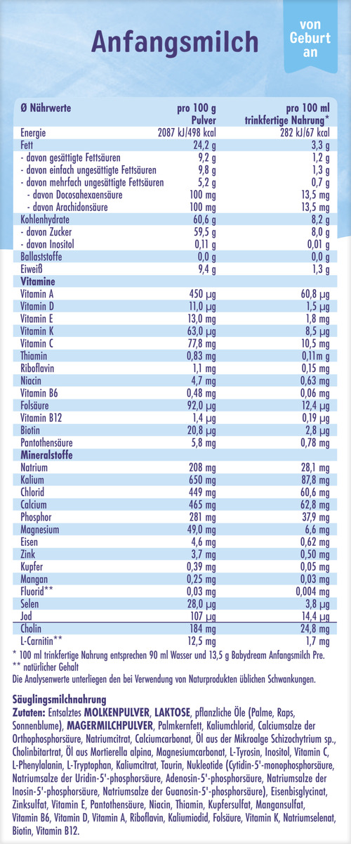 Bild 2 von Babydream Anfangsmilch PRE von Geburt an
