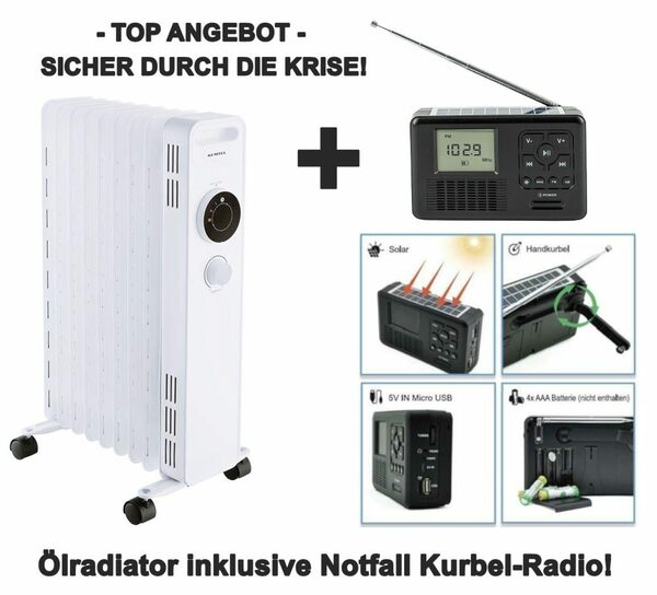 Bild 1 von KUMTEL Ölradiator KUM-1225S inkl. TRA550 Notfall Kurbel-Radio, 2000 W, 9 Rippen Heizkörper, 3 Heizstufen, Energiesparend, Heizstrahler