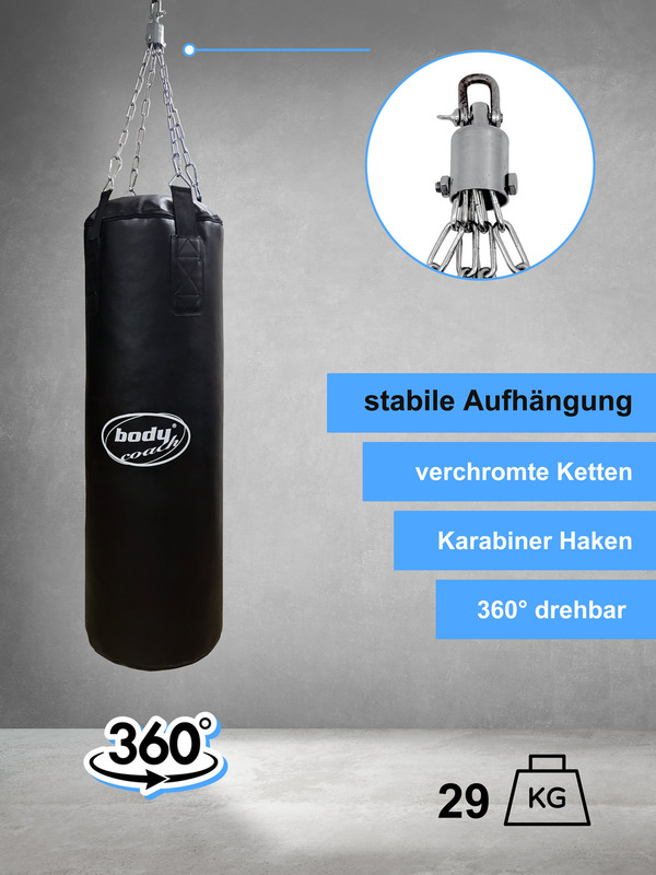 Bild 1 von Body Coach Boxsack gefüllt 29 kg PVC-Leder schwarz 95cm lang hängend Sport Fitness