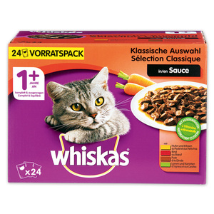 WHISKAS® Portionsbeutel Vorratspack - 1 + Klassische Auswahl in Sauce, 24 x ca. 100g