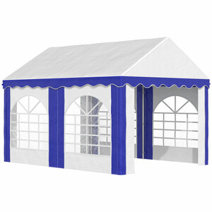 Outsunny Pavillon 4 x 2,95m Partyzelt mit 4 Seitenteilen und Fenstern, Bierzelt, Gartenzelt mit UV-Schutz, für Festival, Marktstand, Flohmarkt, Weiß+Blau