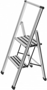 Wenko Alu-Design Klapptrittleiter 2-stufig, Ultraflach, Breite Stufen, max. 150 kg,