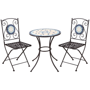 Outsunny 3tlg. Garten-Bistroset, Gartenmöbel Set, inkl. 1 Tisch, 2 klappbaren Stühlen mit Mosaiksteinen, Balkon-Set für Terrasse, Metall, Blau+Grün+Gelb