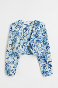 H&M+ Kurzbluse aus Leinenmix, Blusen in Größe XXL. Farbe: Blue/floral