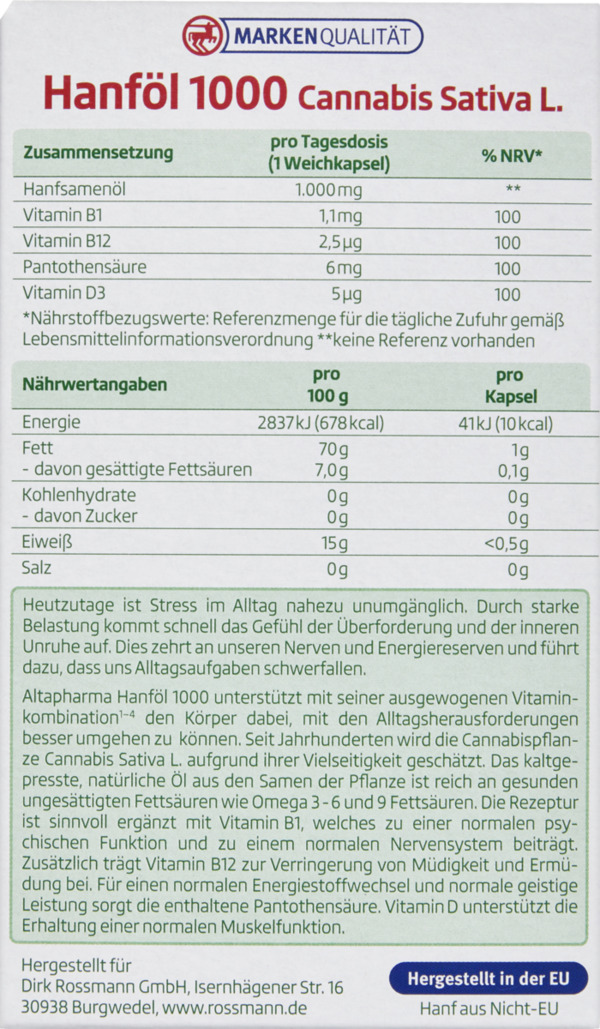 Bild 2 von altapharma Hanföl 1000 Cannabis Sativa L.