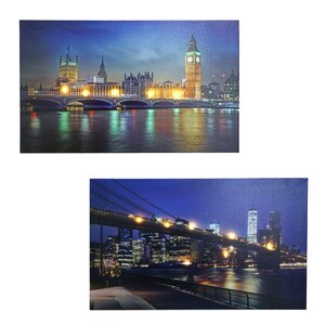 2er-Set LED-Bild, Leuchtbild Leinwandbild Wandbild, Timer 40x60cm Bridges