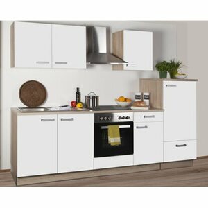 Küchenzeile Litra 270 cm Weiß Melamin-Sonoma Eiche Kühlschrank rechts
