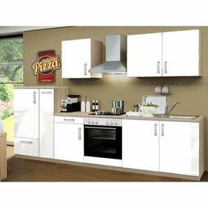 Menke Küchenzeile Premium 300 cm Weiß Hochglanz-Sonoma Eiche Nachbildung